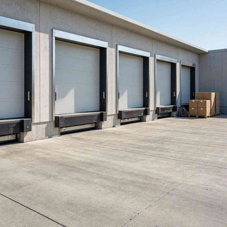 3D rendering of a warehouse with boxes on the ground and pallets