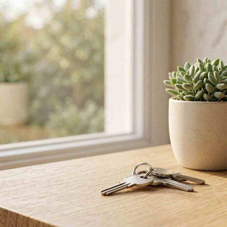 Key with houseplant in a pot on a wooden table near a window