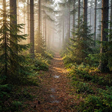 Pathway through the coniferous forest in a foggy morning