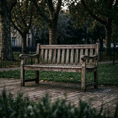 Old wooden bench in the park. Selective focus. Shallow depth of field.