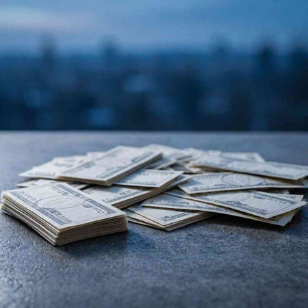 Dollar bills on the table with cityscape in the background.