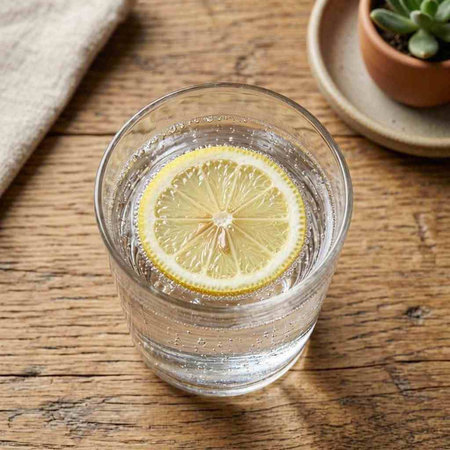 Glass of water with lemon on wooden table. Top view. Copy space.
