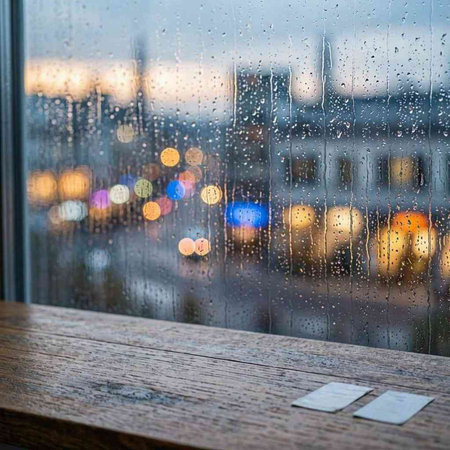 Rain drops on the window, blurred city lights in the background.