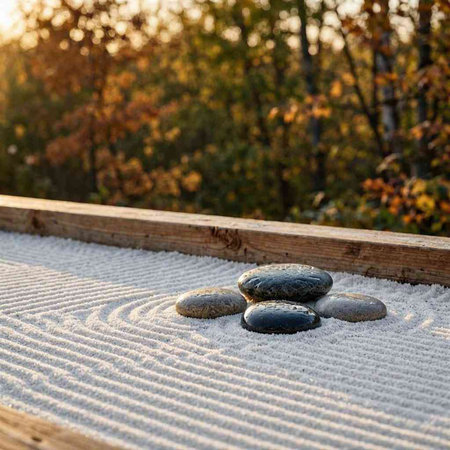 Zen garden with pebbles on the terrace in autumn.