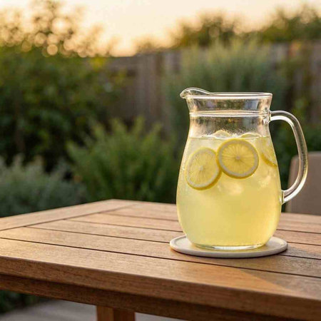 Lemonade in a glass jug on a wooden table in the garden