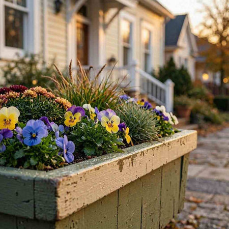 Beautiful flowers in a flowerpot in front of a house.