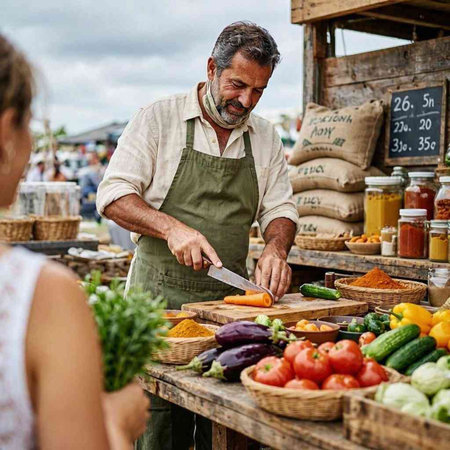 Caucasian man selling vegetables at a local market in Spain.