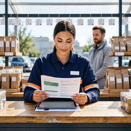 Portrait of female staff checking documents in warehouse. Young woman using digital tablet.