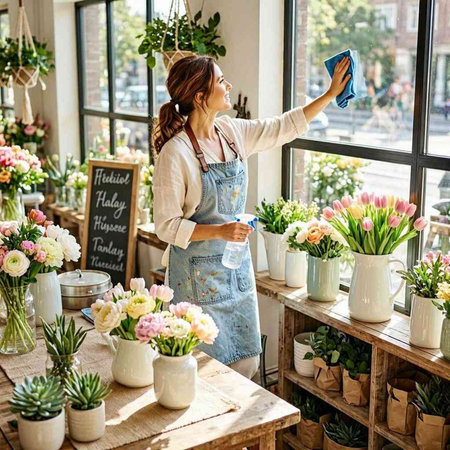 Florist woman in apron taking selfie with smartphone at flower shop.