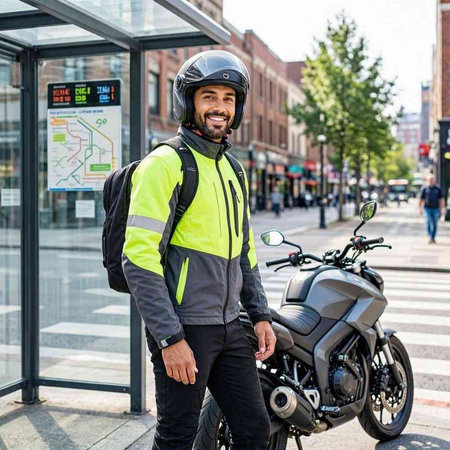 Portrait of a smiling motorcyclist standing in front of a bus stop