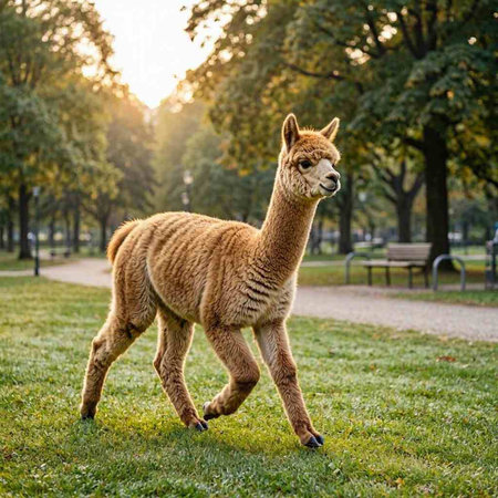 Alpaca walking in the park at sunset. Alpaca walking in the park.