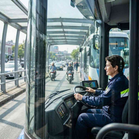 Handsome bus driver sitting in front of a bus in the city