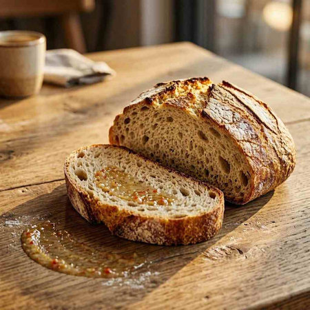 Slices of bread and a cup of coffee on a wooden table