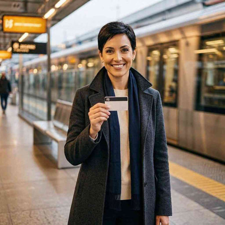 Beautiful asian businesswoman holding credit card at train station.