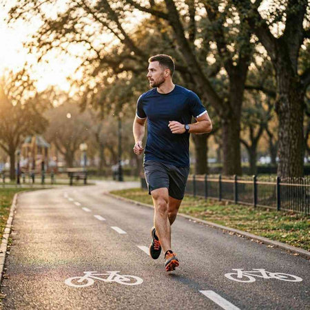 Running man jogging in city park at sunset. Sport fitness model caucasian ethnicity training outdoor.