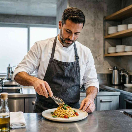 Chef cooking pasta in the kitchen at home. Italian cuisine.