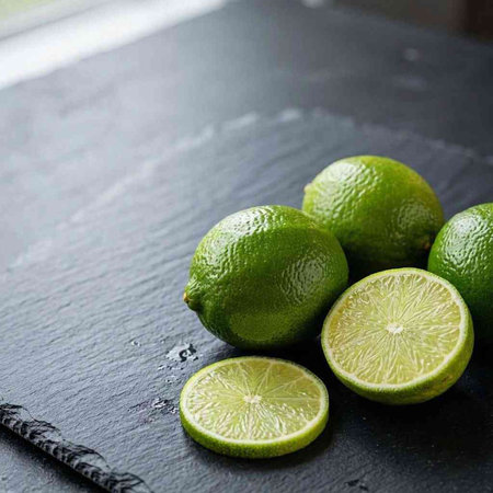 Fresh limes on a black stone board. Selective focus.