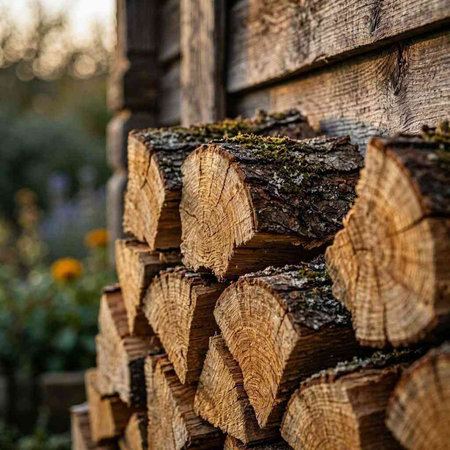 A pile of firewood in a woodpile, close up