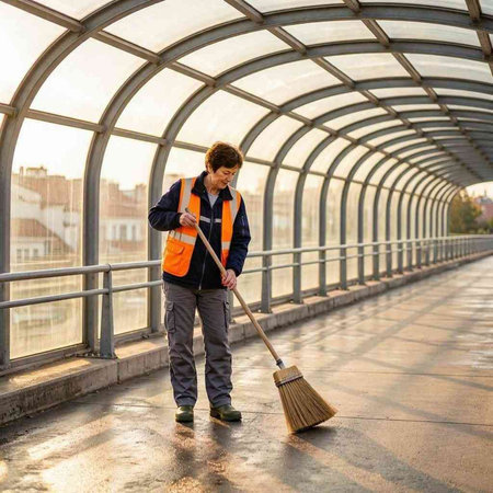 Professional janitor cleans the pedestrian walkway in the city center.
