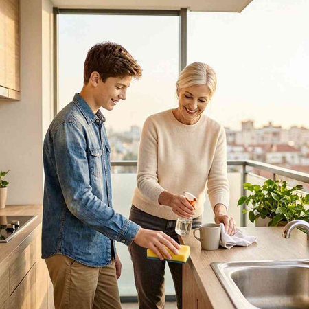 happy couple with dishwashing liquid and sponge cleaning home kitchen at home
