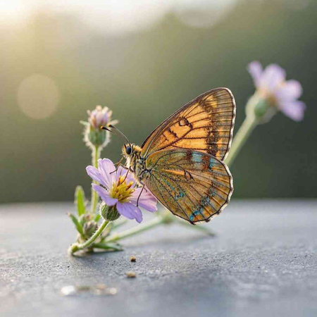 Butterfly on a flower in the rays of the setting sun