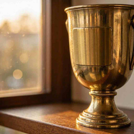 Golden trophy cup on a wooden shelf in a room with a window