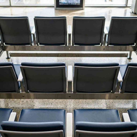Empty chairs in a row in an airport terminal. Waiting room.