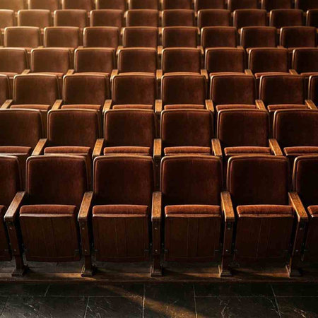 Interior of a theater auditorium with rows of brown seats.