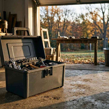 Toolbox on the ground in front of a wooden table with tools