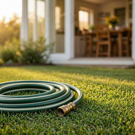 Garden hose on green grass in front of the house with sunlight