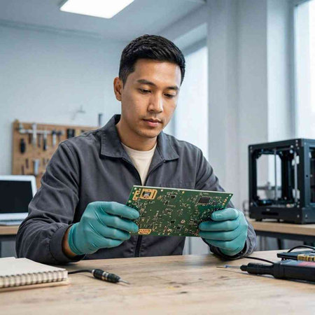 Technician repairing electronic circuit board with digital tablet at desk in workshop