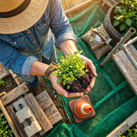 Gardener holding seedlings in his hands. Selective focus. nature.
