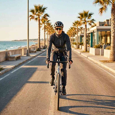 Cyclist riding bicycle on seaside promenade in Spain