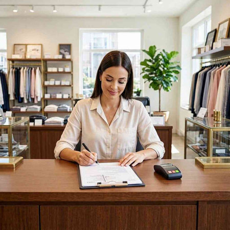 Saleswoman standing at counter in boutique, making notes in notebook.