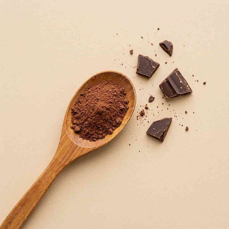 Cocoa powder in a wooden spoon and pieces of chocolate on a beige background