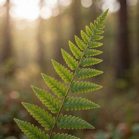 green fern leaves in the forest on a sunny autumn day.