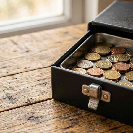 Coins in a black box on a wooden table, selective focus