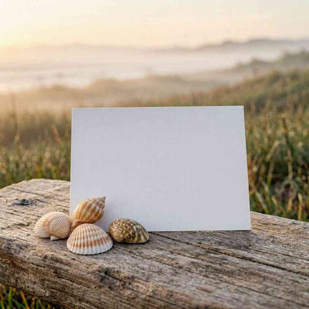 Blank card with seashells on a wooden table at sunset