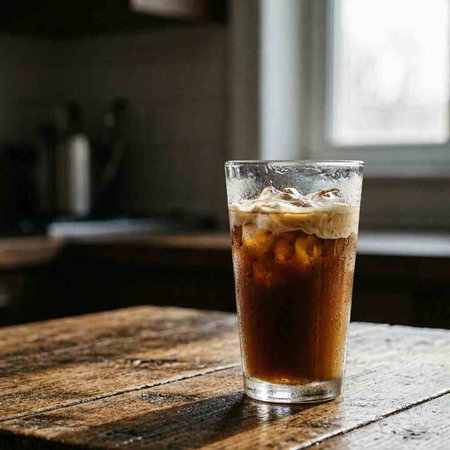Iced coffee in a glass on the wooden table in the kitchen