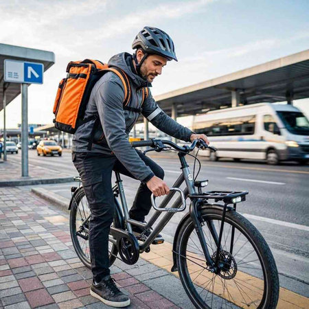 Handsome young man in sportswear with backpack riding bicycle in city.