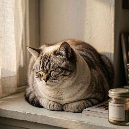 Cat lying on a window sill with a bottle in the background.