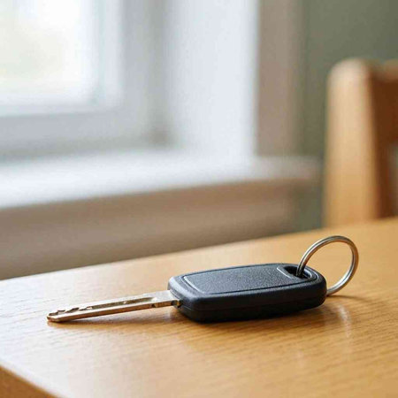 Car key on the table in front of the window with copy space