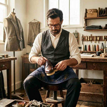 Craftsman working on a leather shoe in his workshop, wearing glasses