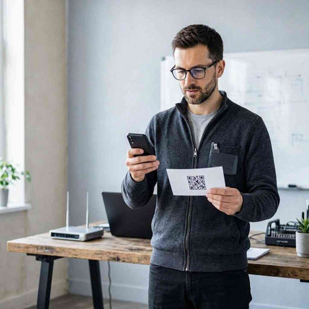 Young man in casual clothes and eyeglasses using mobile phone while working at the office