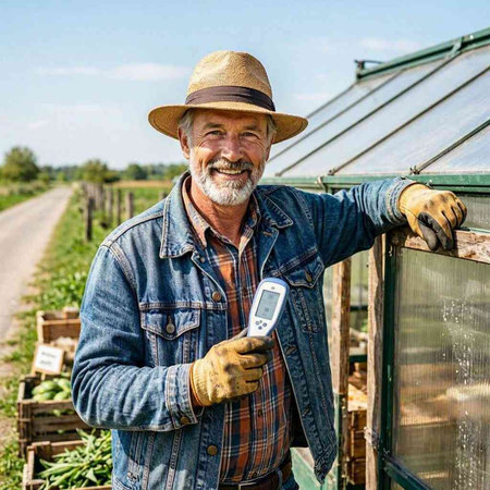 Farmer using a digital thermometer to measure temperature in a greenhouse