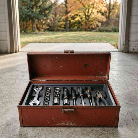 A set of tools in an old toolbox on the ground.