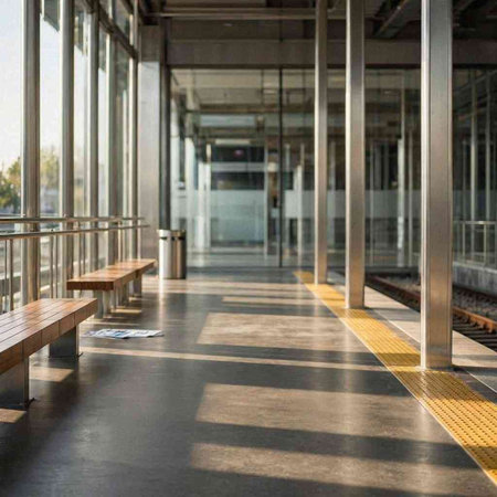 Interior of a modern office building with a bench in the foreground
