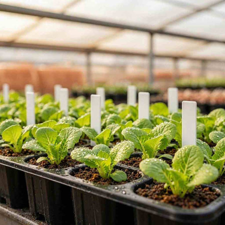 Organic hydroponic vegetable seedlings growing in a greenhouse.