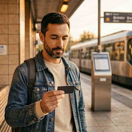 Handsome young man holding credit card and using mobile phone while waiting for train at station