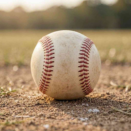 Baseball on the field in the morning. Close-up.